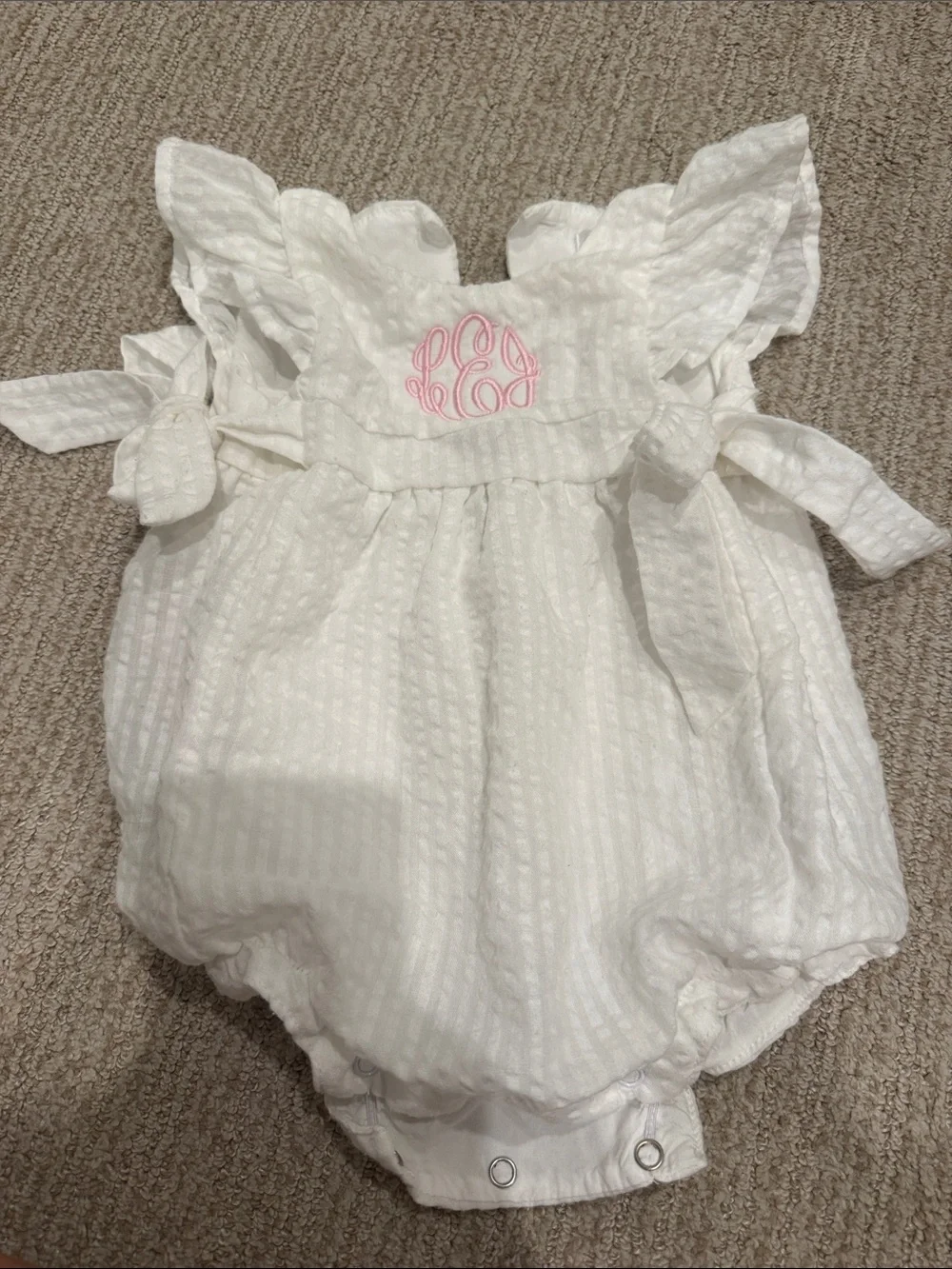“LEJ” Baby Bubble Romper with Pink Monogram